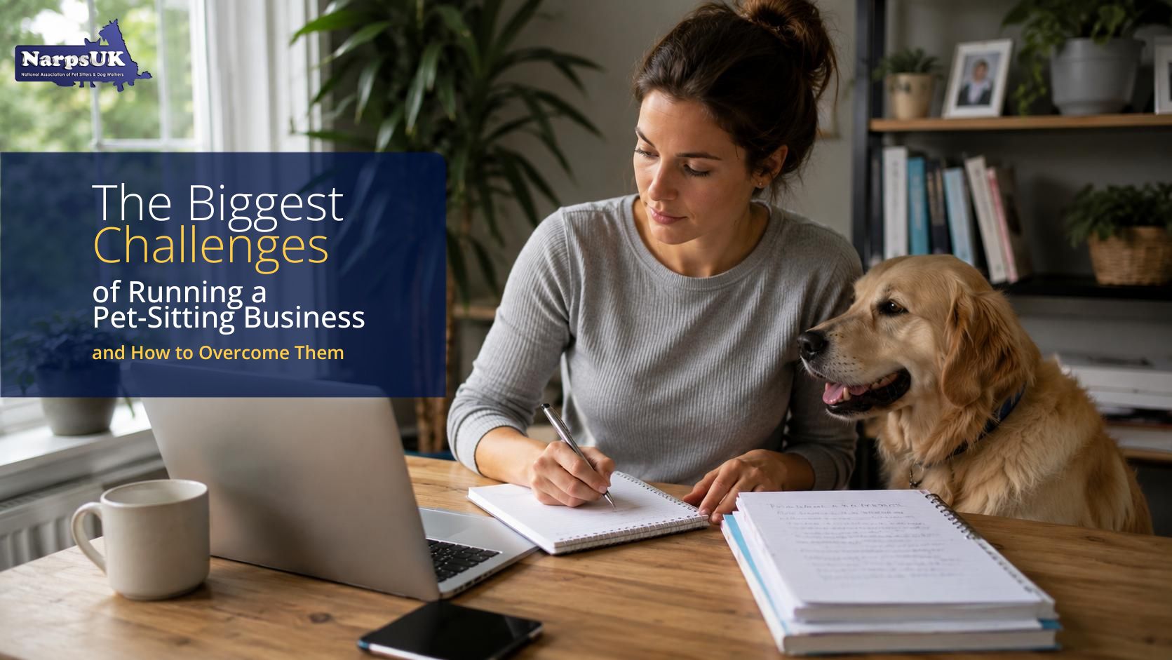 Pet sitter managing her business with a dog beside her at home